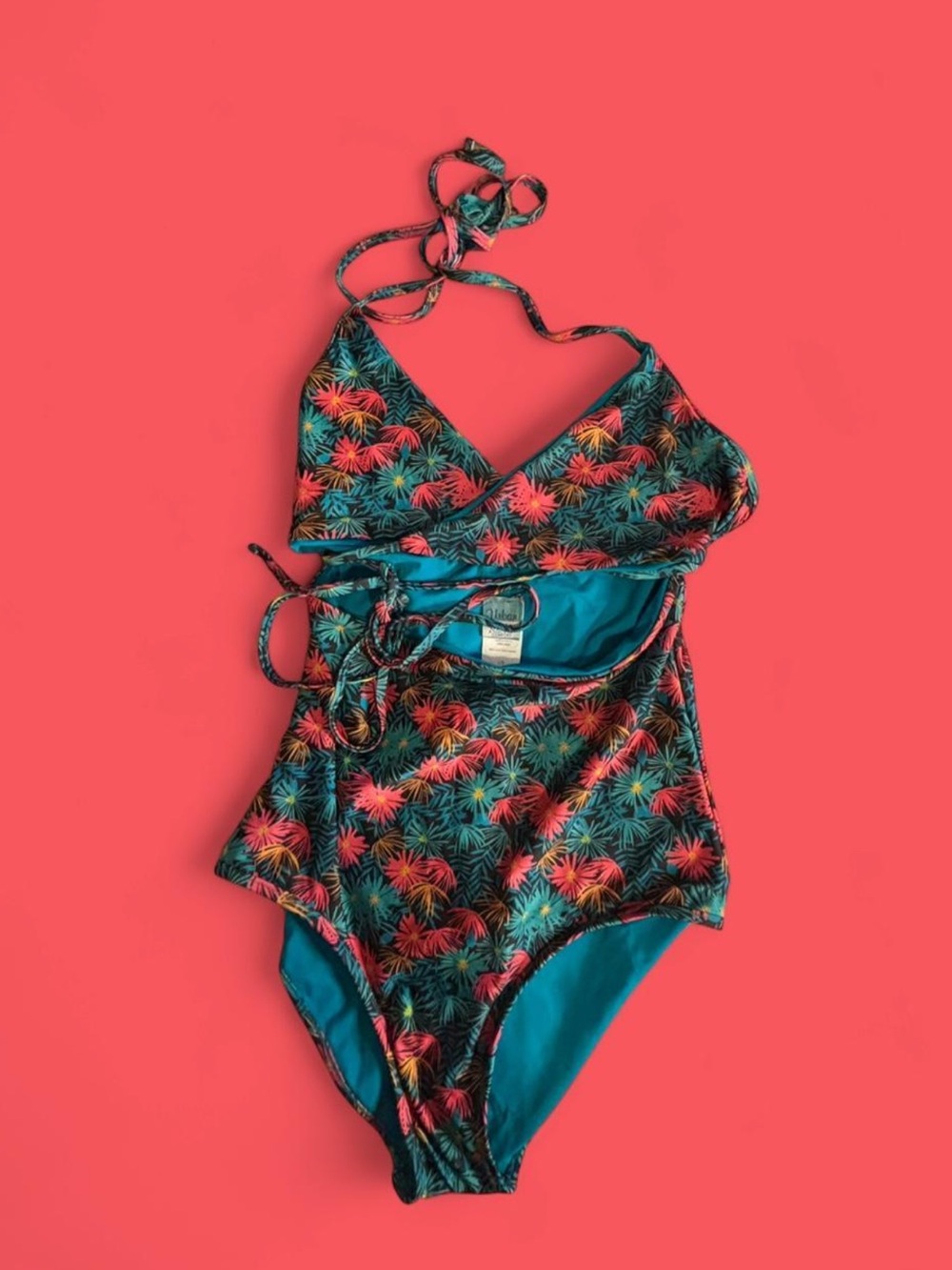 Tropical Floral Teal One-Piece Swimsuit with Halter Tie NWOT